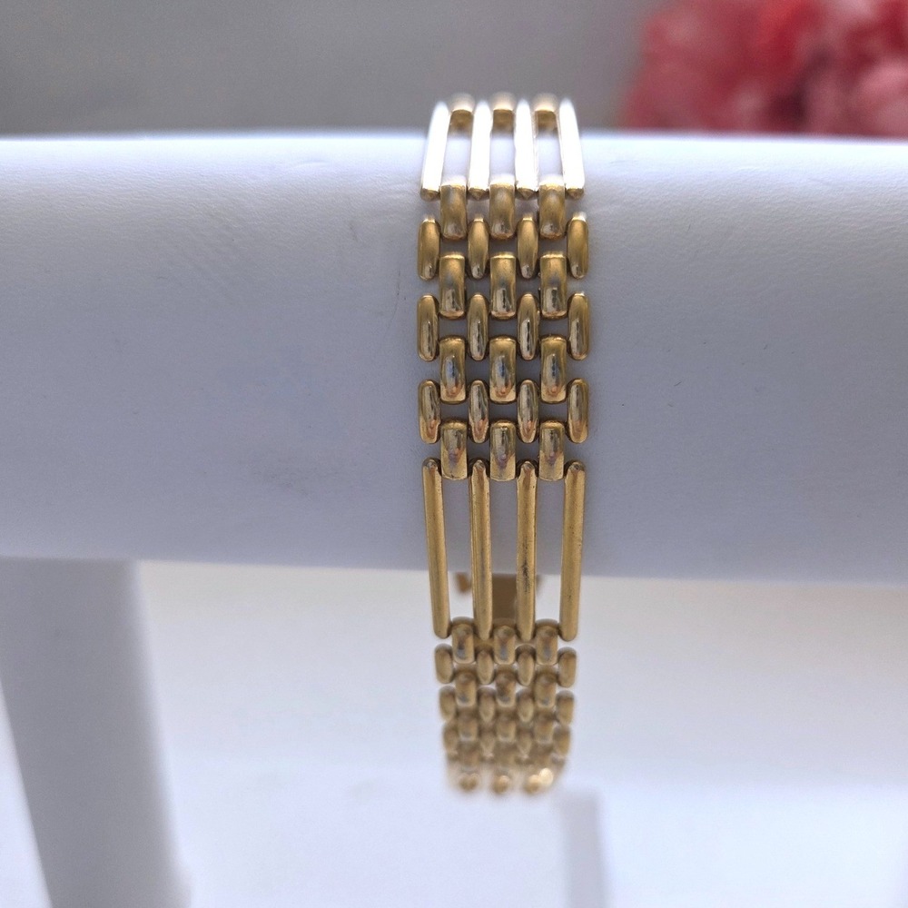 VTG Trifari Gold Tone Link Bracelet MCM Textured Bar Panel Hallmark 7.75in